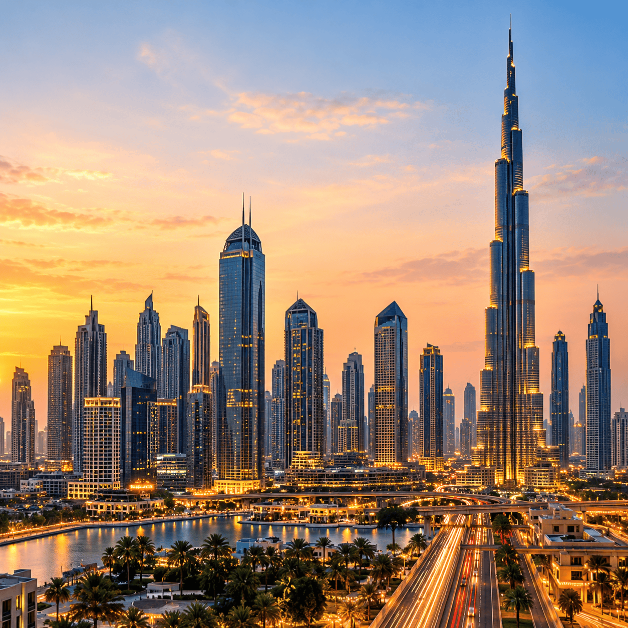 Dubai skyline at golden hour